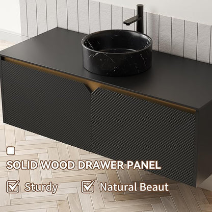 Bathroom Vanity with Sink 48 Inch, Floating Fluted Vanity with Vessel Sink, Modern Wall Mounted Bathroom Vanity Cabinet with 2 Doors, Black Ceramic Sink & Sintered Stone Top, Black