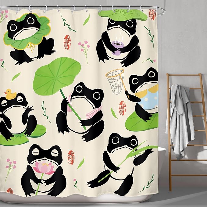 Funny Frog Kids Cartoon Animal Asian Japanese Bathroom Shower Curtain Set | 60Wx71H Traditional Lotus waterproof HD print, quick-dry fabric, and 12 hooks for easy setup
