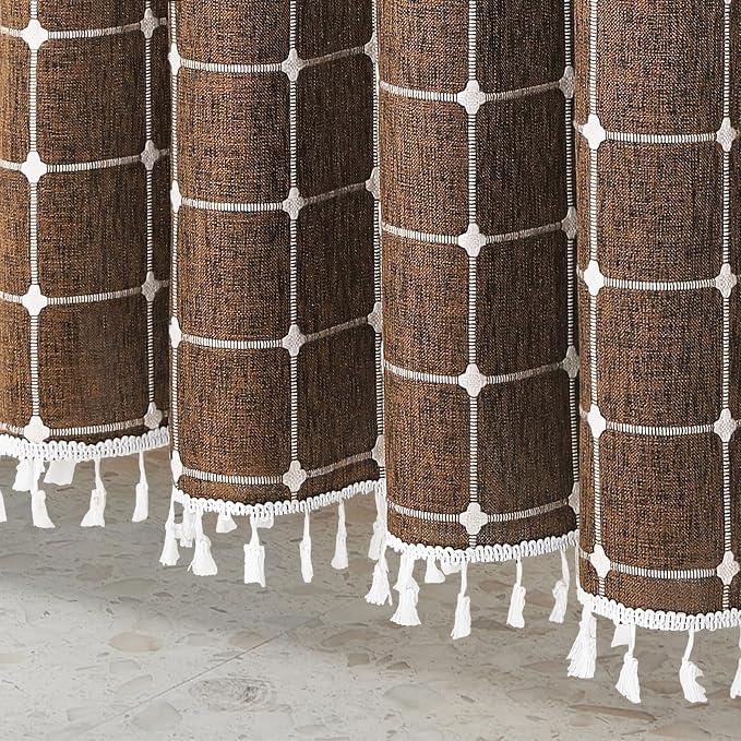 MitoVilla Brown Boho Shower Curtains for Modern Farmhouse Bathroom Decor, Country Thick Polyester Linen Fabric Shower Curtain with Tassel, 72 x 72