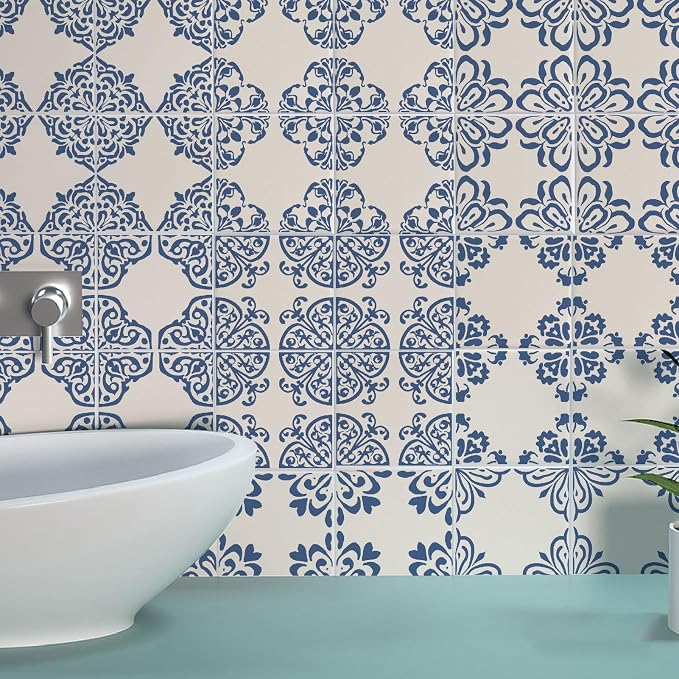 36Pcs 9 Styles Blue and White Tile Stickers 4 x 4 Inch Ceramic Tile Decals Square Flower Pattern Waterproof PVC Peel and Stick Decals for Kitchen Bathroom Backsplash Furniture DIY Decor