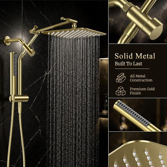 Veken All Metal 10" Luxurious Brushed Gold Rain Shower Head with Handheld | Dual High Pressure Shower Heads,Double Detachable Showerhead, Square Adjustable Rainfall,Bathroom Upgrade,Best Showerheads