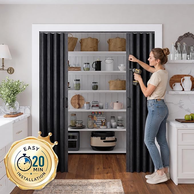 SmartStandard 60x80in Double Accordion Doors, Double Walled, Classic Black | Easy to Assemble, Save Space, PVC Accordion Folding Doors for Closet Doorway Basement, with Track and Hardware