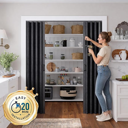 SmartStandard 60x80in Double Accordion Doors, Double Walled, Classic Black | Easy to Assemble, Save Space, PVC Accordion Folding Doors for Closet Doorway Basement, with Track and Hardware