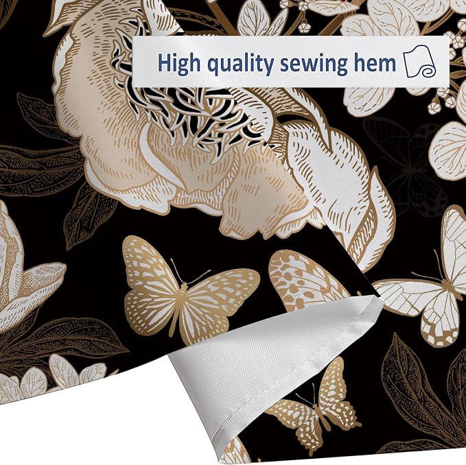 Black and Gold Floral Butterfly Shower Curtain, Boho Dark Flowers Botanical Aesthetic Shower Curtain for Bathroom with Hook, Vintage Moth Farmhouse Unique Chic Shower Curtain Set with Hooks 72X72