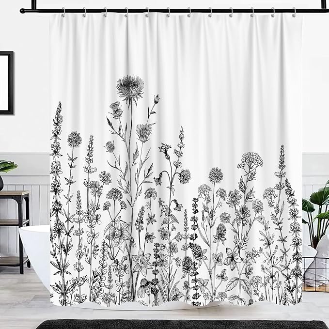 GOAOK Vintage Boho Shower Curtain Black and White Theme, Floral Aesthetic Dark Wildflower Botanical Flowers Shower Curtain for Bathroom with Hook, Farmhouse Plant Art Chic Shower Curtain 72X78