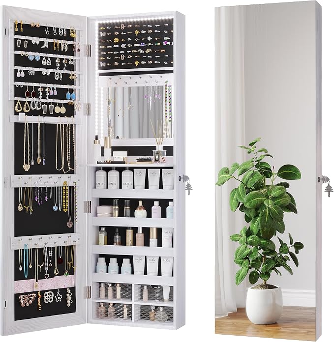 47.2" LED Jewelry Mirror Cabinet, Wall/Door Mounted Jewelry Armoire Organizer with Full Length Mirror, Large Storage Hanging Cabinet, 4 Drawers, 5 Shelves, Built-in Lighted Mirror (White)