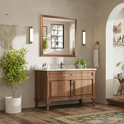 40x38 Inch Bathroom Mirror for Wall, Anti-Rust Walnut Wood Grain Metal Framed Bathroom Mirrors for Over Sink,Rectangler Mirrors for Bathroom Vanity, Farmhouse, Bedroom, Living Room, Entryway Decor