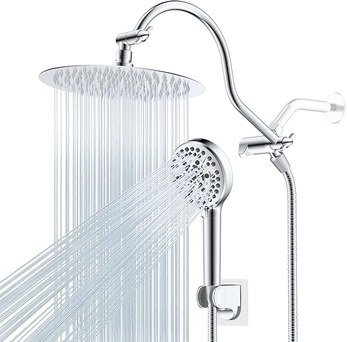 Hibbent All Metal CUPC Certified Shower Head, 10'' High Pressure Rainfall Shower Head, Handheld Showerhead Combo with 12'' Adjustable Extension Arm, 10-Spray, 71'' Shower Hose, Shower Holder, Chrome
