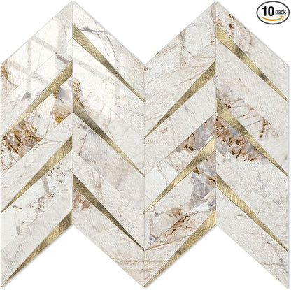 STICKGOO Herringbone Tile Peel and Stick Backsplash for Kitchen&Bathroom | 10-Sheet Self Adhesive Wall Tiles, Polished Pandora Marble Mixed Metal Gold PVC Stick on Backsplash Tile for Kitchen