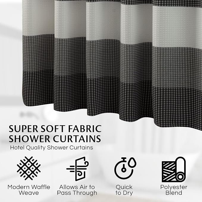 Dainty Home Waffle Weave Waterproof Shower Curtains, Black 70" x 72", Bath Curtains, Shower Curtain Waterproof Fabric with 12 Roller Ball Hooks