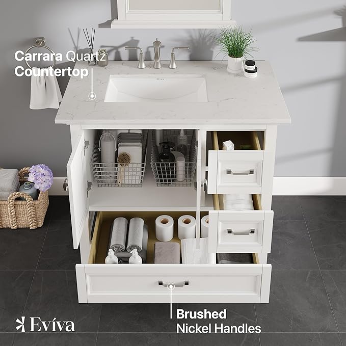 Eviva Britney 36 in. White Single Sink Bath Vanity with Carrara Quartz Top and Undermount Porcelain Sink