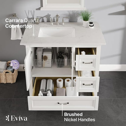 Eviva Britney 36 in. White Single Sink Bath Vanity with Carrara Quartz Top and Undermount Porcelain Sink