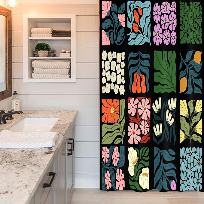 JAWO Retro Shower Curtain Vintage Abstract Boho Floral Shower Curtains for Bathroom Decor Black Blue Botanical Geometric Groovy Aesthetic Pattern Shower Curtain Sets with Hooks, 36X72IN