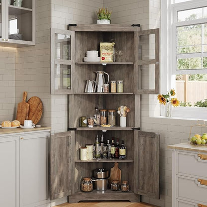 GarveeHome 67 in Tall Corner Storage Cabinet with Lights, Farmhouse Corner Hutch Display Cabinet with Glass Doors, Wooden Storage Organizer for Kitchen, Living Room, Bathroom, Washed Grey