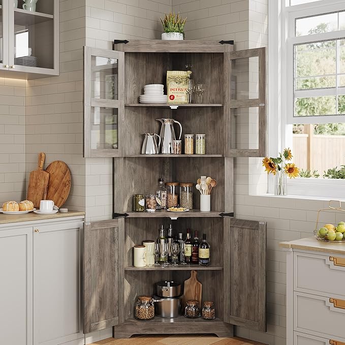 GarveeHome Tall Corner Cabinet, Farmhouse Corner Storage Cabinet with Glass Door & Adjustable Shelves, Space Saving Storage for Living Room, Kitchen, Bathroom, Washed Grey