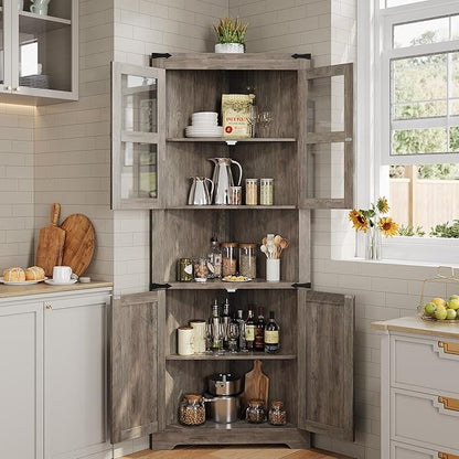 GarveeHome Tall Corner Cabinet, Farmhouse Corner Storage Cabinet with Glass Door & Adjustable Shelves, Space Saving Storage for Living Room, Kitchen, Bathroom, Washed Grey