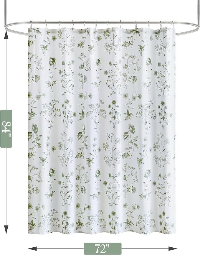 Martha Stewart Cotton Floral Extra Long Shower Curtain, 72 x 72, Sage Green | Martha's Garden Series, Botanical Floral Print, Spa Quality Modern, Machine Washable, Modern Bathroom Curtains