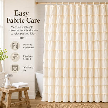 Beige Ruffle Shower Curtain for Bathroom, 72x84 inch, Elegant Ruffled Panel | Ruched Fabric Texture, Cascading Waterfall Ruffles, Extra-Long 72 X 84, 12 Hooks Included, Machine Washable, Opaque Rustic