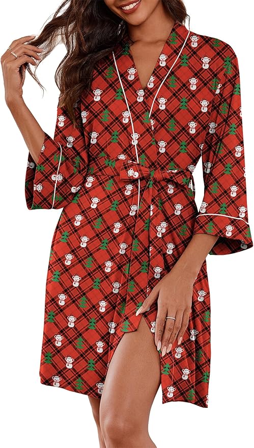 Ekouaer Women Kimono Robes Knee Length Knit Bathrobe Lightweight Soft Sleepwear V-neck Casual Ladies Loungewear