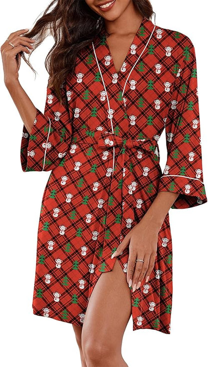 Ekouaer Women Kimono Robes Knee Length Knit Bathrobe Lightweight Soft Sleepwear V-neck Casual Ladies Loungewear
