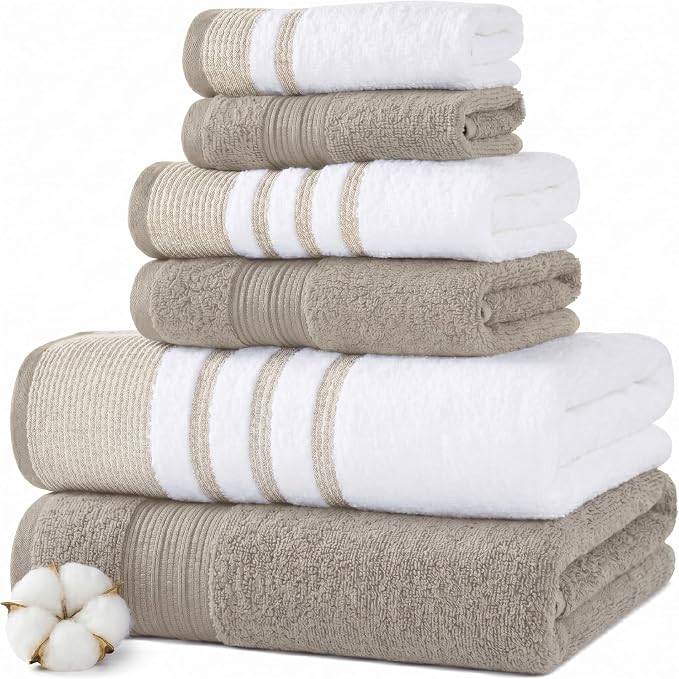 Modern Threads 6-Piece Towel Set – 100% Cotton, Quick Dry, Ultra Absorbent – Includes 2 Bath, 2 Hand, 2 Washcloths (White/Reinhart Tan)