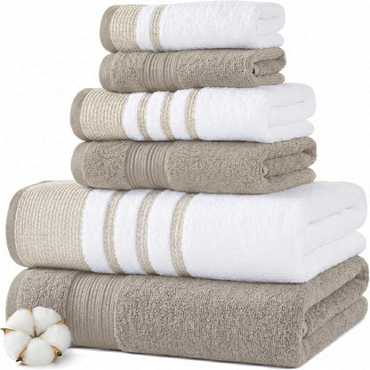 Modern Threads 6-Piece Towel Set – 100% Cotton, Quick Dry, Ultra Absorbent – Includes 2 Bath, 2 Hand, 2 Washcloths (White/Reinhart Tan)