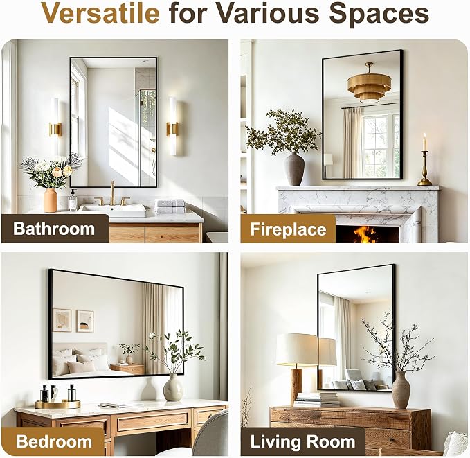Rectangular Bathroom Mirror, 36"x24" Black Metal Framed Vanity Mirror | HD Shatterproof Wall Mirror, Horizontal or Vertical Hanging, Easy Installation for Bathroom, Bedroom, Living Room, Entryway