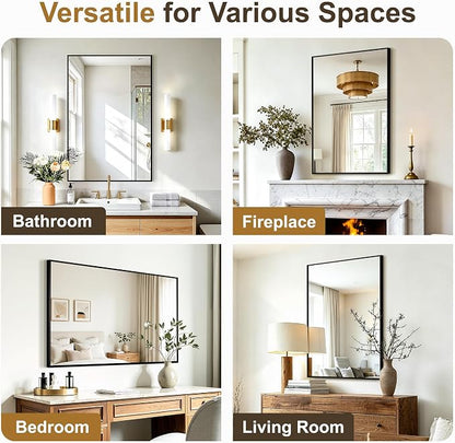 Rectangular Bathroom Mirror, 36"x24" Black Metal Framed Vanity Mirror | HD Shatterproof Wall Mirror, Horizontal or Vertical Hanging, Easy Installation for Bathroom, Bedroom, Living Room, Entryway