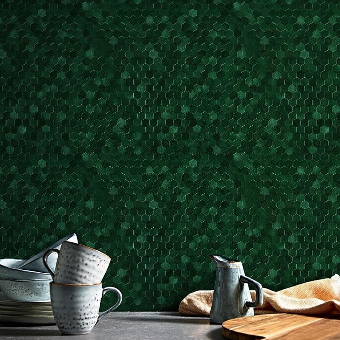 STICKGOO Peel and Stick Backsplash Tiles, Stick on Mosaic Self Adhesive Tiles, 3D Hexagon Backsplash for Kitchen Bathroom Fireplace Vanity (8PCS, Emerald Green)
