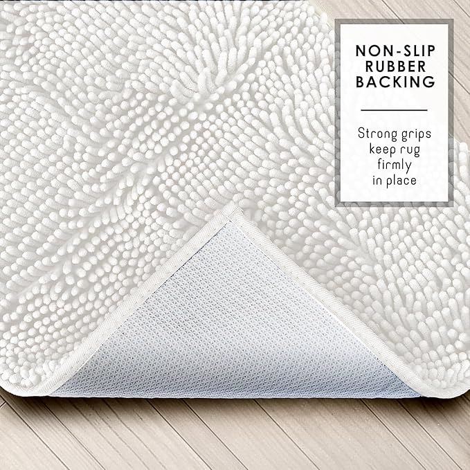 Hearth & Harbor Bathroom Rugs, Chenille Bath Mat - Machine Washable Bath Mats for Bathroom Non-Slip Backing Rubber, Quick Dry Bathroom Mat - White 24x36