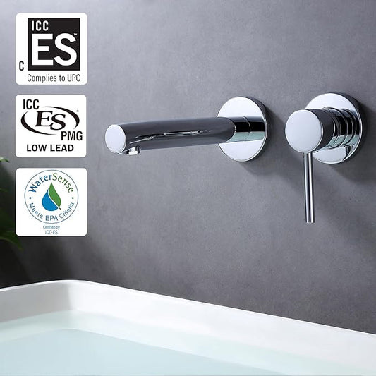 SUMERAIN Wall Mount Faucet for Bathroom Sink, Modern Chrome Bathroom Faucet Single Handle with Brass Valve