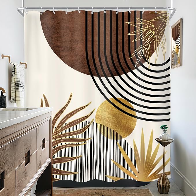Mid Century Boho Abstract Modern Sun Minimalist Bathroom Shower Curtain Set | 60Wx72H Arch Golden design, waterproof HD print with fast-drying fabric and 12 hooks.