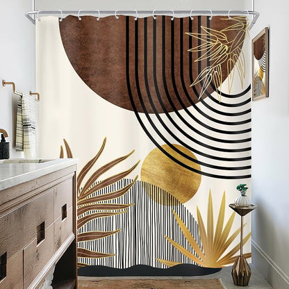 Mid Century Boho Abstract Modern Sun Minimalist Bathroom Shower Curtain Set | 60Wx72H Arch Golden design, waterproof HD print with fast-drying fabric and 12 hooks.