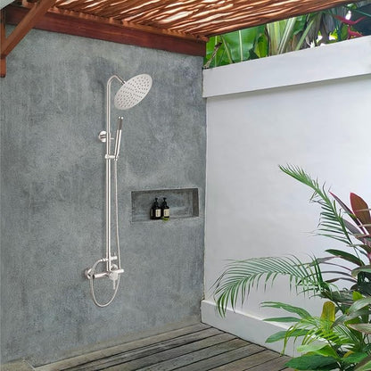 gotonovo 304 Stainless Steel Outdoor Shower Fixtures Exposed,Brushed Nickel | 8 Inch Rain Showerhead with Handheld Sprayer Outdoor Outside Shower Kit System Faucet Head Valve Wall Mount for Pool Backyard
