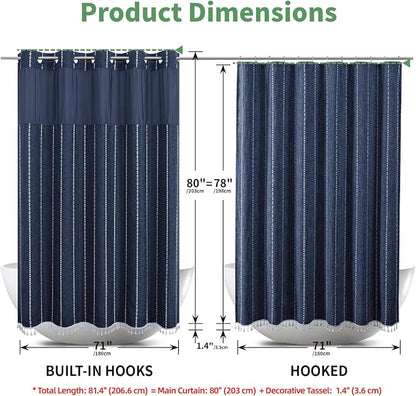 eachope Long No Hook Shower Curtain Set with Snap-in Liner,71x80,Navy Blue | 330GSM Thick Linen Textured Striped,Boho Farmhouse Rustic Luxury Bathroom Curtain with Tassels,Mesh Window,Water-Repellent