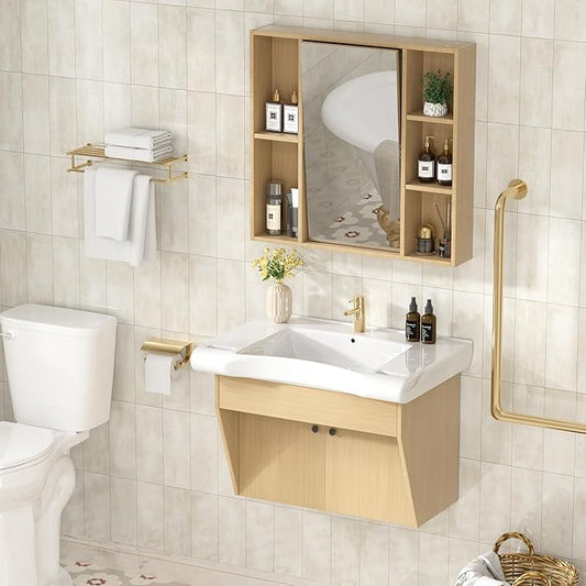 30" Floating Vanity ADA Compliant Modern Wall-Mount Small Bathroom Vanity with Ceramics Sink Modern Hand & Mirror Cabinet Combo with Two Doors for Elderly, Seniors, Handicap & Disabled
