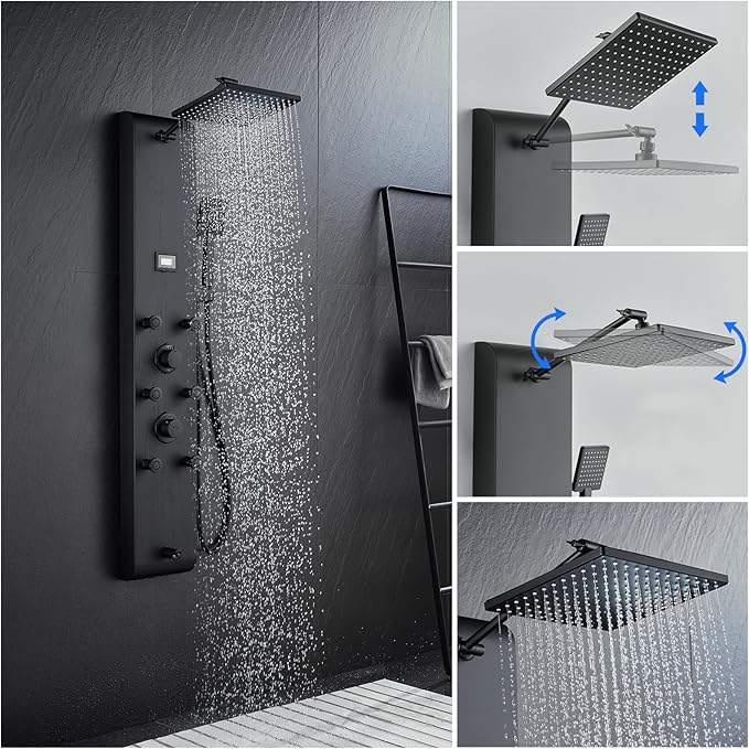 MENATT Stainless Steel Shower Panel Tower System with Height Adjustable Rainfall Shower Head, 4 in 1 Shower Panels with 6 Body Jets, Handheld Shower, Tub Spout, Brushed