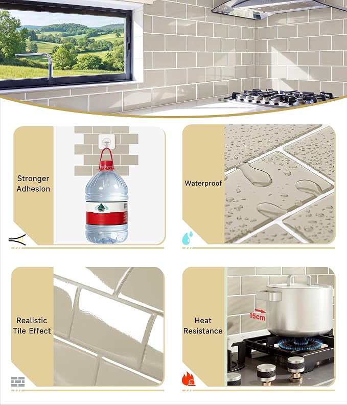 Peel and Stick Backsplash for Kitchen: Self Adhesive Wall Tiles for Bathroom - Vinyl Thick Back Splash Tile (10, Light Coffee)