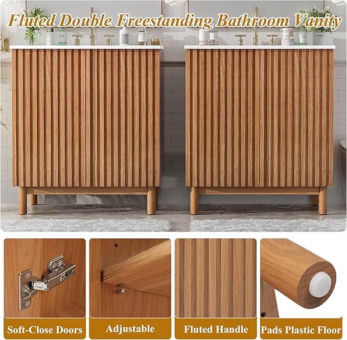 60″ Bathroom Vanity with Ceramic Sink, Modern Bathroom Vanity Cabinet with 4 Doors, Freestanding Mid-Century Restroom Sink Cabinet Combo with U-Shaped Adjustable Shelf (60")