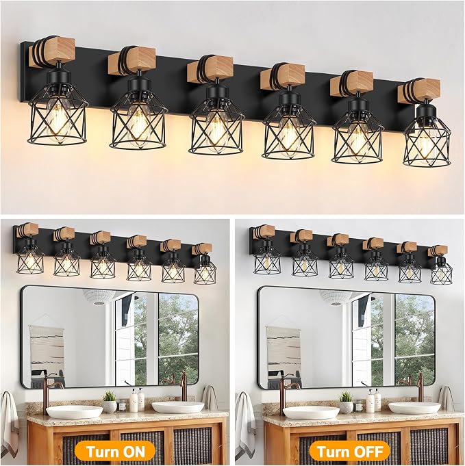 FadimiKoo 6-Light Bathroom Vanity Light, Bathroom Wall Lamps Over Mirror | Rustic Wood & Black Metal Shade, Wood Black Vanity Lights Over Mirror, Wall Sconces for Bathroom Bedroom Living Room
