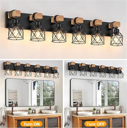 FadimiKoo 6-Light Bathroom Vanity Light, Bathroom Wall Lamps Over Mirror | Rustic Wood & Black Metal Shade, Wood Black Vanity Lights Over Mirror, Wall Sconces for Bathroom Bedroom Living Room