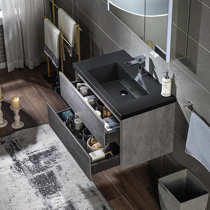WOODBRIDGE 30 in. W x 19 in. D Wall Mounted Floating Bathroom Vanity in Gray with Quartz Sand Composite Vanity Top in Matte Black