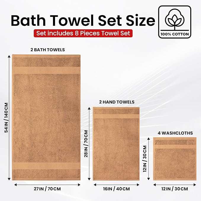 Infinitee Xclusives 100% Cotton Bath Towel Set – 8 Piece Bathroom Towel Set | (2 Bath Towels, 2 Hand Towels, 4 Washcloths) – Soft & Absorbent Towels for Bathroom - Gym, Shower, Spa & Hotel Use