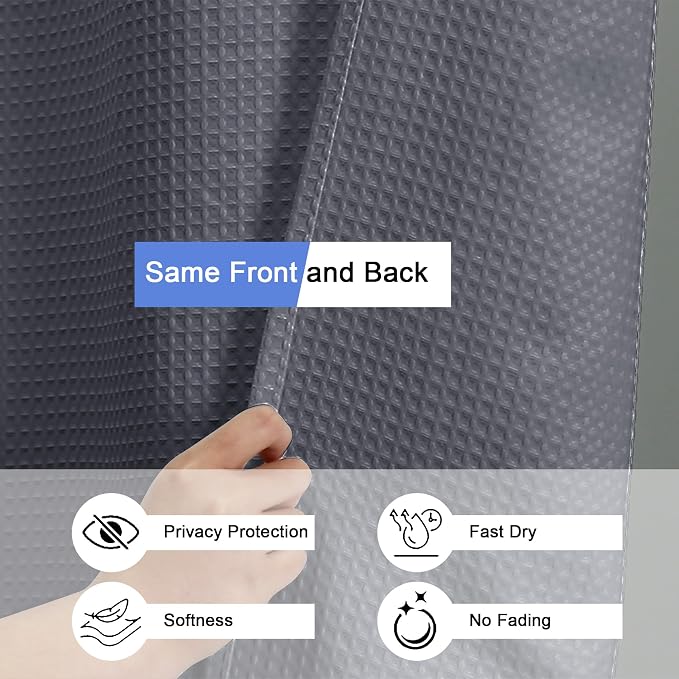 Extra Long Shower Curtain Set- 96 Inch Long Waffle Weave Heavy Duty Fabric Shower Curtains for Bathroom, Luxury Heavy Duty Thick Cloth Shower Curtain with 12 Plastic Hooks, 72x96, Grey