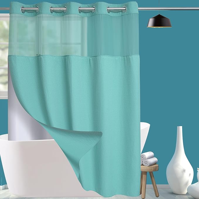 Conbo Mio Extra Long No Hook Green Waffle Weave Shower Curtain with Snap in Liner Set, Hotel Luxury Shower Curtains for Bathroom with See Through Top Window, Waterproof, Washable 71W x 84H