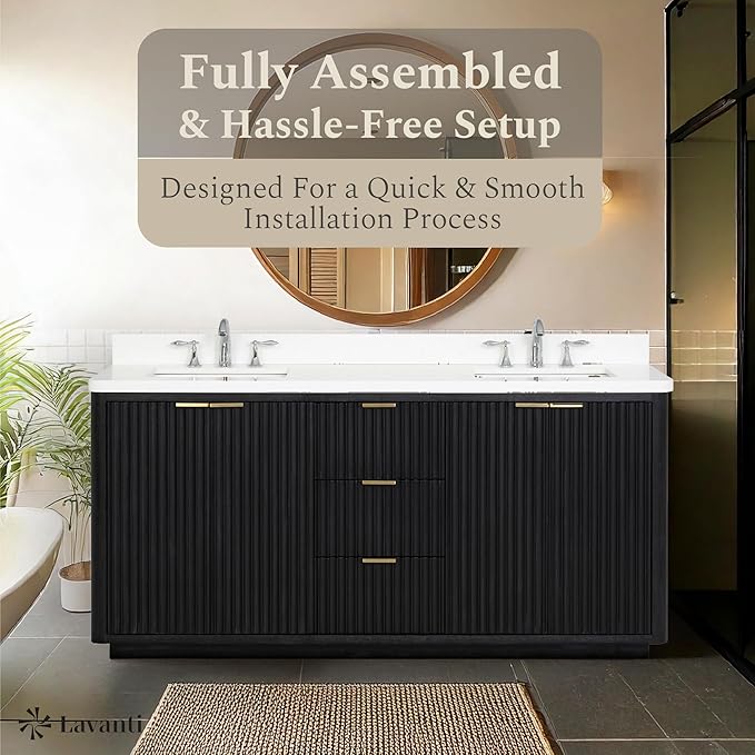 Lavanti Wooderna 72 Inch Bathroom Vanity with Sink – Stylish Firewood Black Vanity Bathroom with Storage Cabinet – Modern Bathroom Vanities with Double Vanity Sink & Quartz Countertop