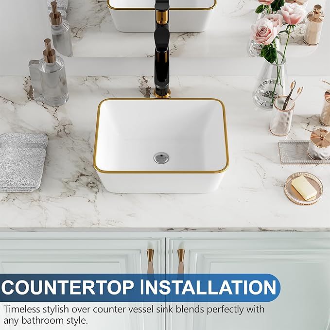 Bathroom Vessel Sink Rectangle, Hugsleek 16 x 12 inch White Porcelain Ceramic Vessel Sink with Gold Rim Above Counter Rectangular Bath Sink Bowl Basin Lavatory Vanity Sinks Restroom Countertop