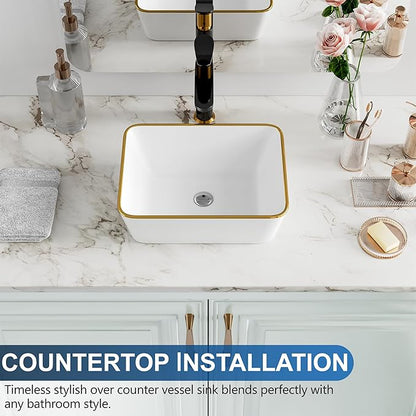 Bathroom Vessel Sink Rectangle, Hugsleek 16 x 12 inch White Porcelain Ceramic Vessel Sink with Gold Rim Above Counter Rectangular Bath Sink Bowl Basin Lavatory Vanity Sinks Restroom Countertop