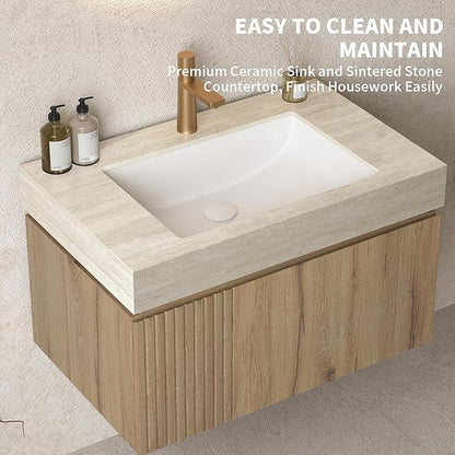 LKTART Floating 30 Inch Bathroom Vanity with Sink, Modern Plywood Wall Mounted Bathroom Storage Cabinet with 1 Door and 1 Drawer, Roma Travertine-Pattern Sintered Stone Countertop and Ceramic Basin