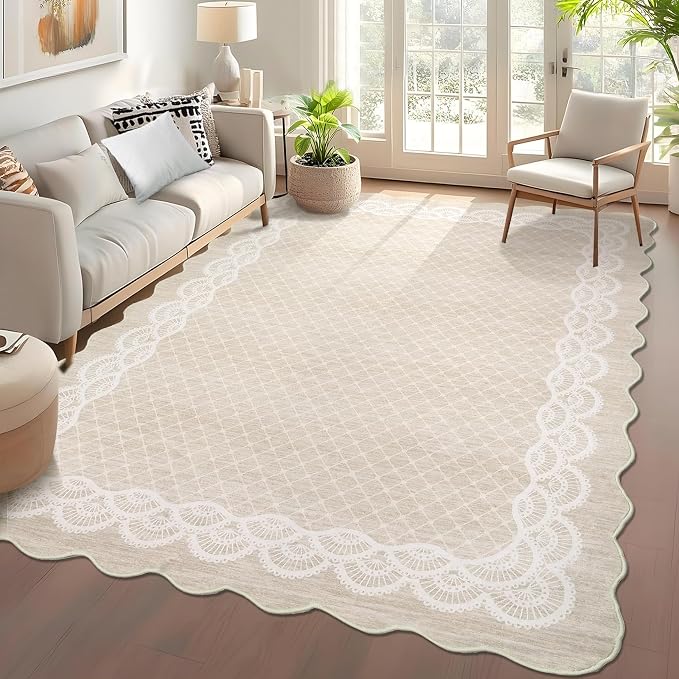 GarveeHome Scalloped Washable 8x10 Rugs for Living Room, Large Modern Bedroom Carpet with Non-Slip Backing, Non Shedding Low Pile Neutral Rug, Washable Scalloped Carpet for Farmhouse, Beige